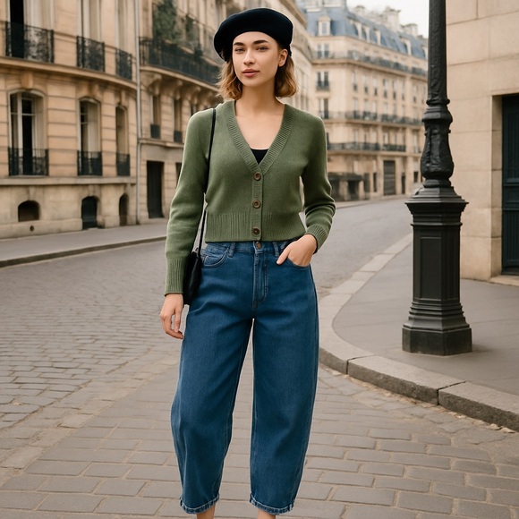 elysewalker Sweaters - ELYSEWALKER Dove Cropped Cashmere Cardigan Bayleaf Olive‎ Green Luxurious size S